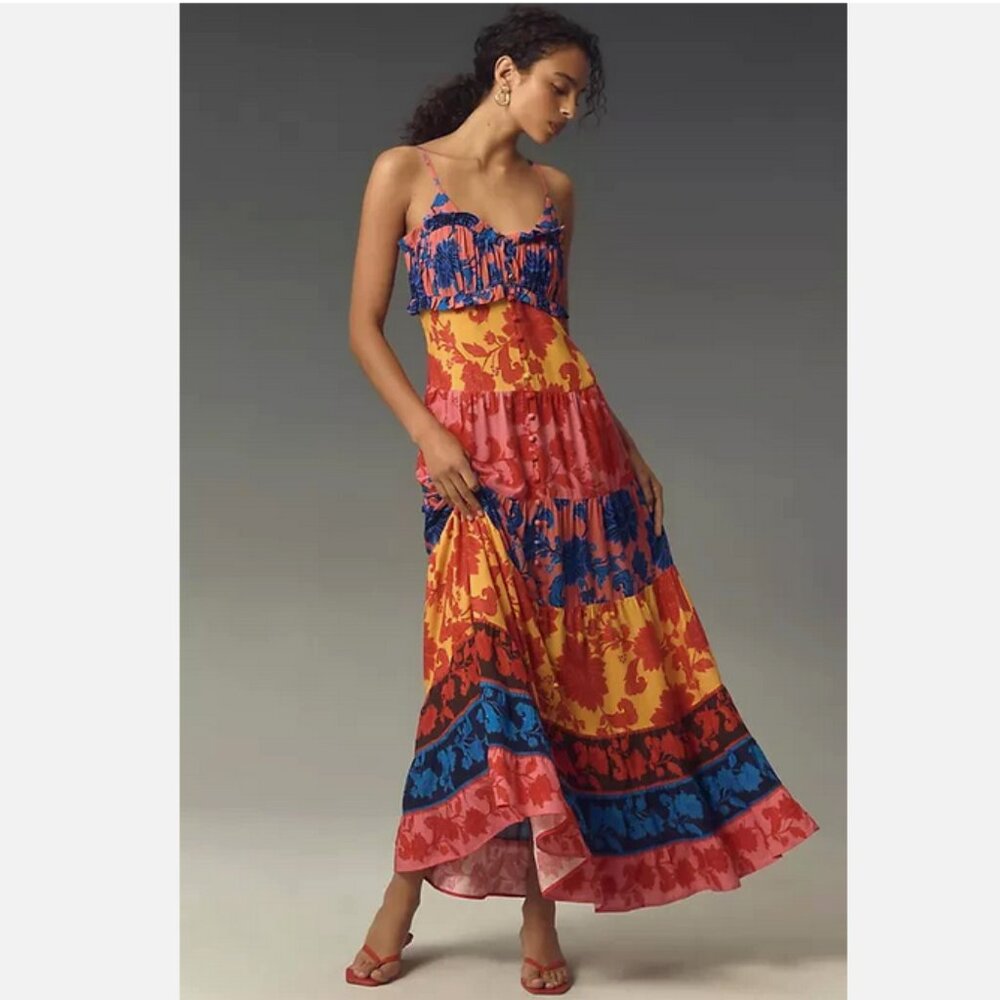 Farm Rio x Anthropologie Button-Front Tiered Maxi Dress Floral Size XS NWT